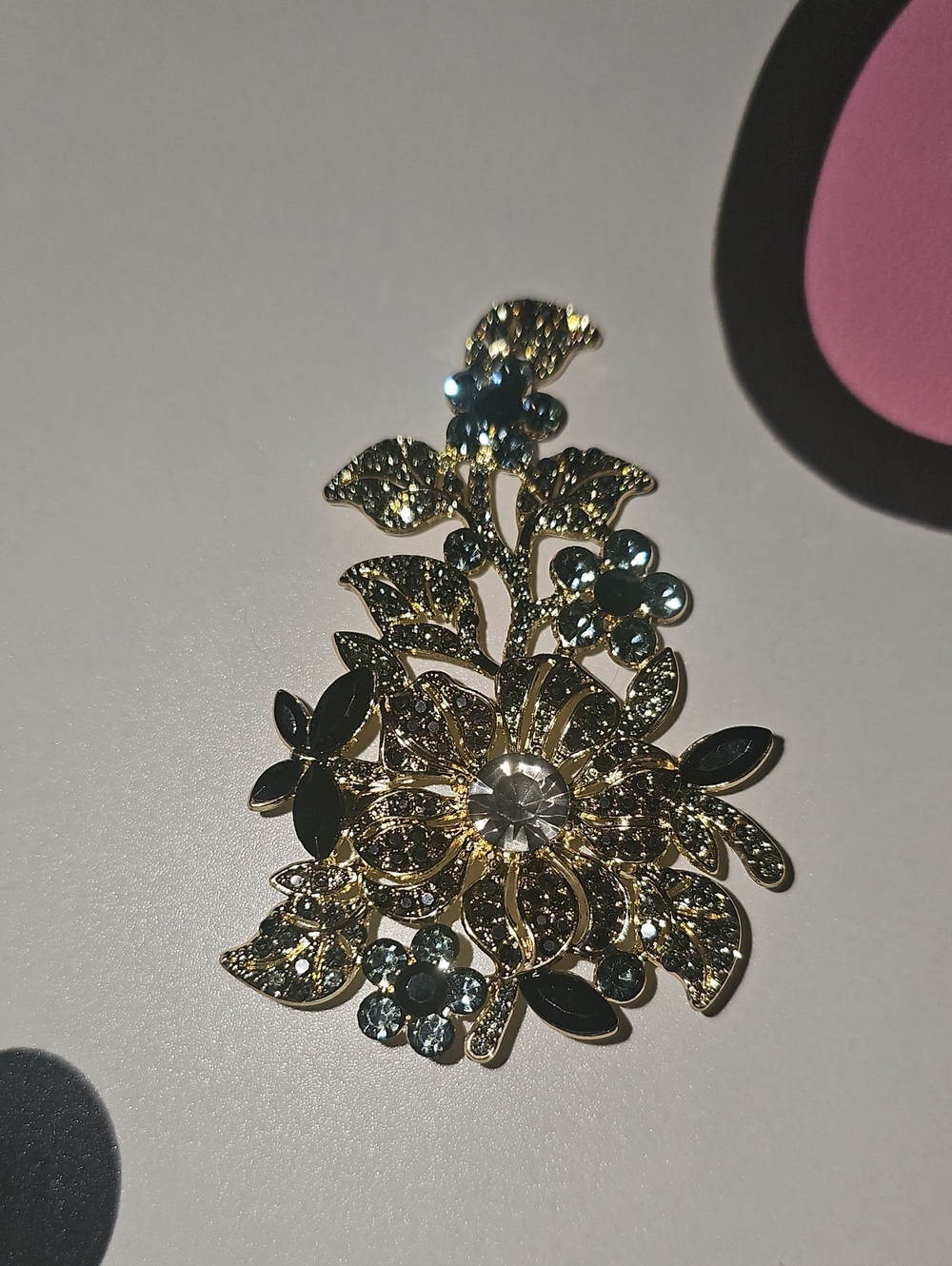 Floral Brooch Black & Gray Rhinestones Gold Tone